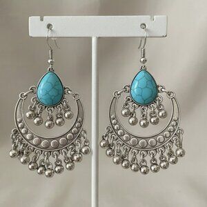 Chunky Silver Metal Faux Turquoise Dangle Pierced Earrings